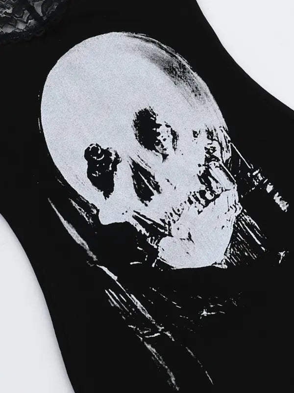 Women's Halloween Themed Skull Print Contrast Lace Bodycon Cami Dress, Street Fashion Casual Sleeveless Mini Dress for Party Club Wear, Ladies Clothes for Fall