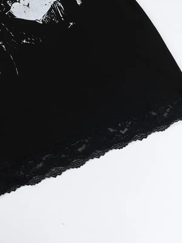 Women's Halloween Themed Skull Print Contrast Lace Bodycon Cami Dress, Street Fashion Casual Sleeveless Mini Dress for Party Club Wear, Ladies Clothes for Fall