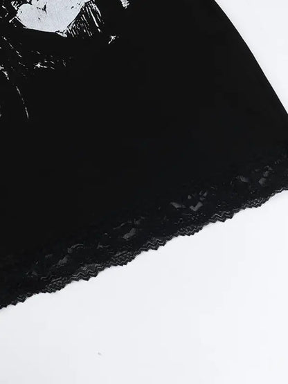 Women's Halloween Themed Skull Print Contrast Lace Bodycon Cami Dress, Street Fashion Casual Sleeveless Mini Dress for Party Club Wear, Ladies Clothes for Fall