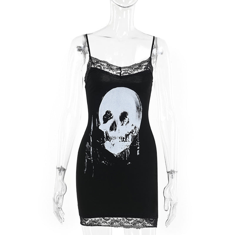 Women's Halloween Themed Skull Print Contrast Lace Bodycon Cami Dress, Street Fashion Casual Sleeveless Mini Dress for Party Club Wear, Ladies Clothes for Fall