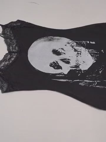 Women's Halloween Themed Skull Print Contrast Lace Bodycon Cami Dress, Street Fashion Casual Sleeveless Mini Dress for Party Club Wear, Ladies Clothes for Fall